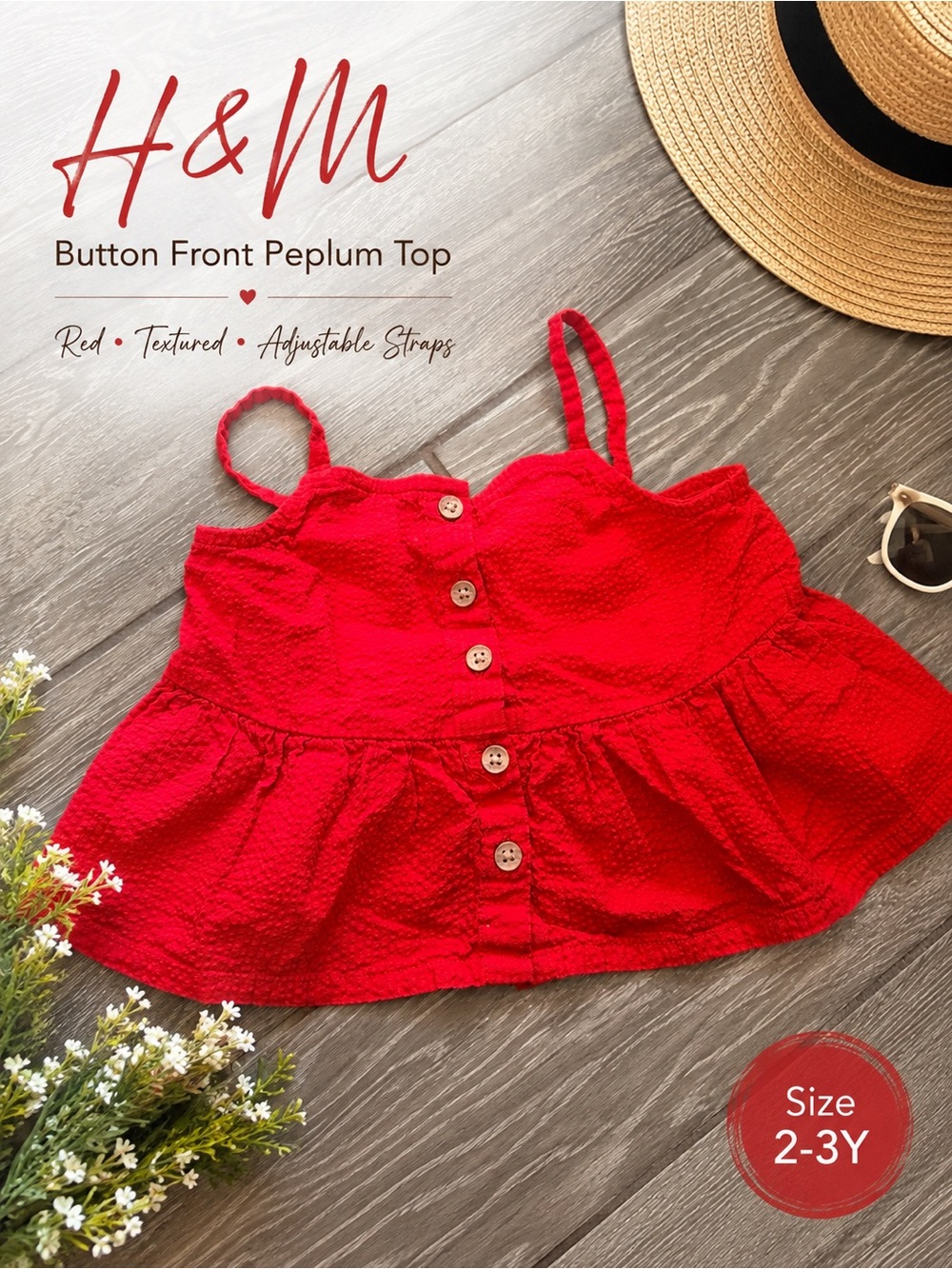 H&M Bright Red Button-Front Peplum Tank Top